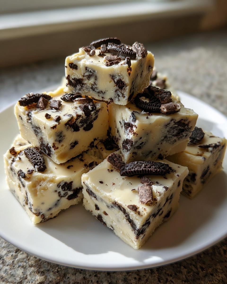 A stack of creamy white chocolate Oreo fudge squares topped with crushed cookies.