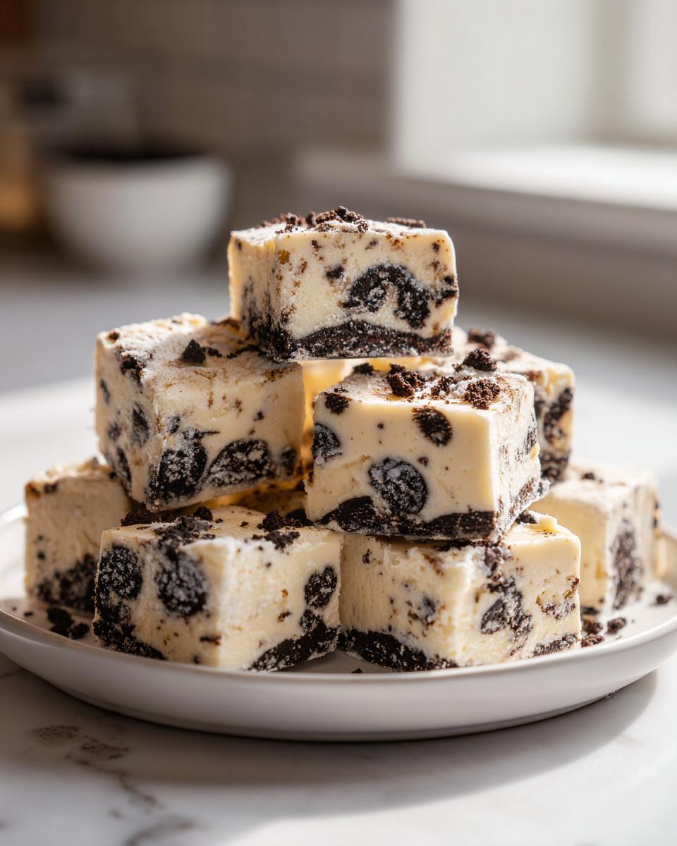 A stack of creamy white chocolate Oreo fudge squares loaded with crushed dark chocolate cookies.