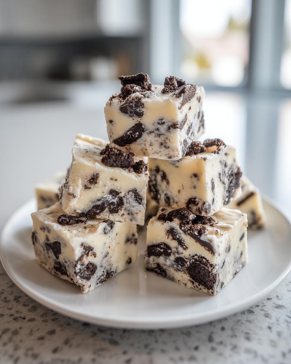 A stack of creamy white Oreo fudge squares loaded with dark chocolate cookie pieces, ready to eat.
