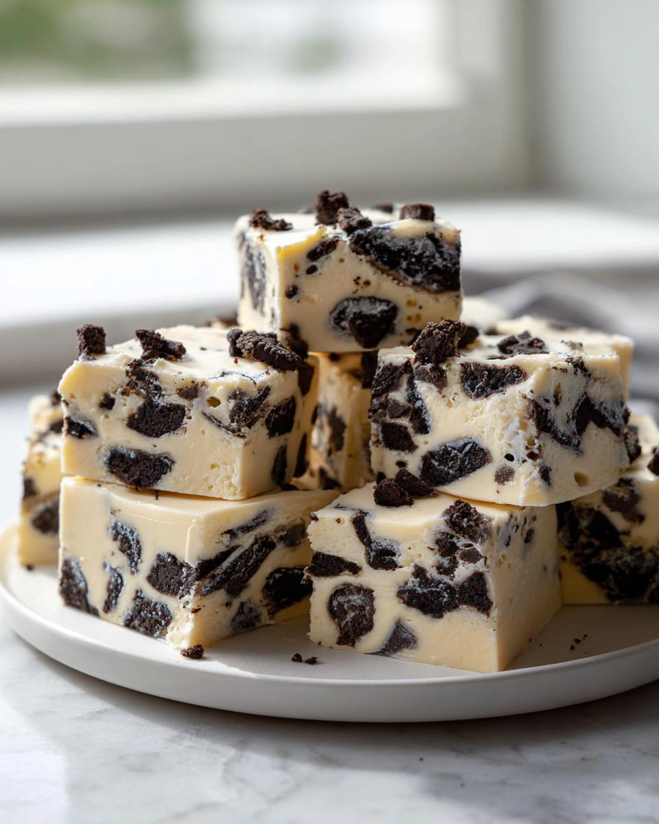 A stack of creamy white no-bake Oreo fudge squares loaded with dark chocolate cookie chunks.
