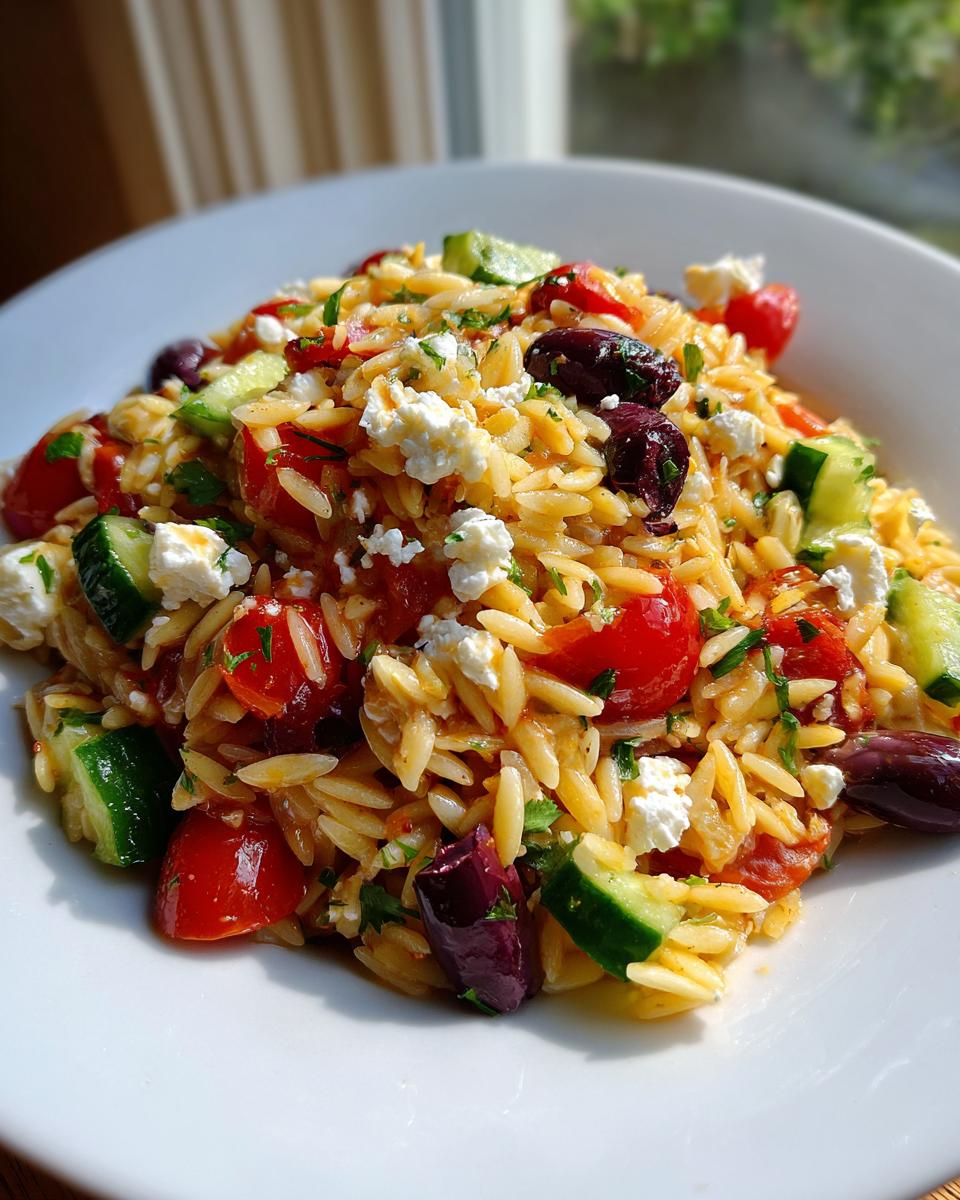 Close-up of orzo pasta mixed with cucumbers, tomatoes, feta, and Kalamata olives in a mediterranean pasta salad.