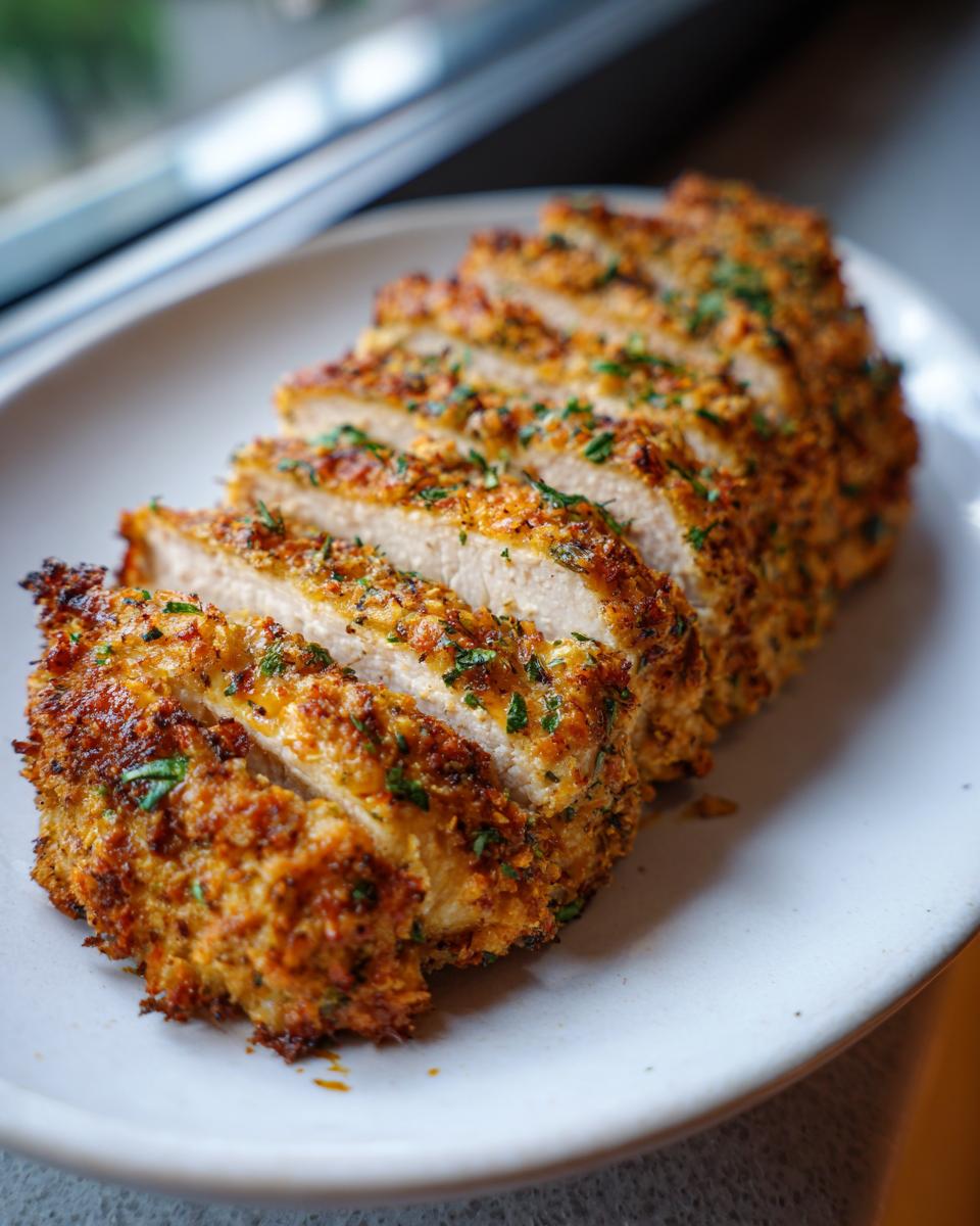 Close-up of juicy parmesan crusted chicken, sliced and garnished with parsley on a white plate.