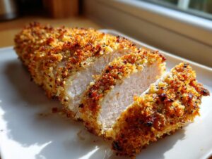 Close-up of juicy parmesan crusted chicken, sliced to show the white interior and crispy, golden-brown coating.