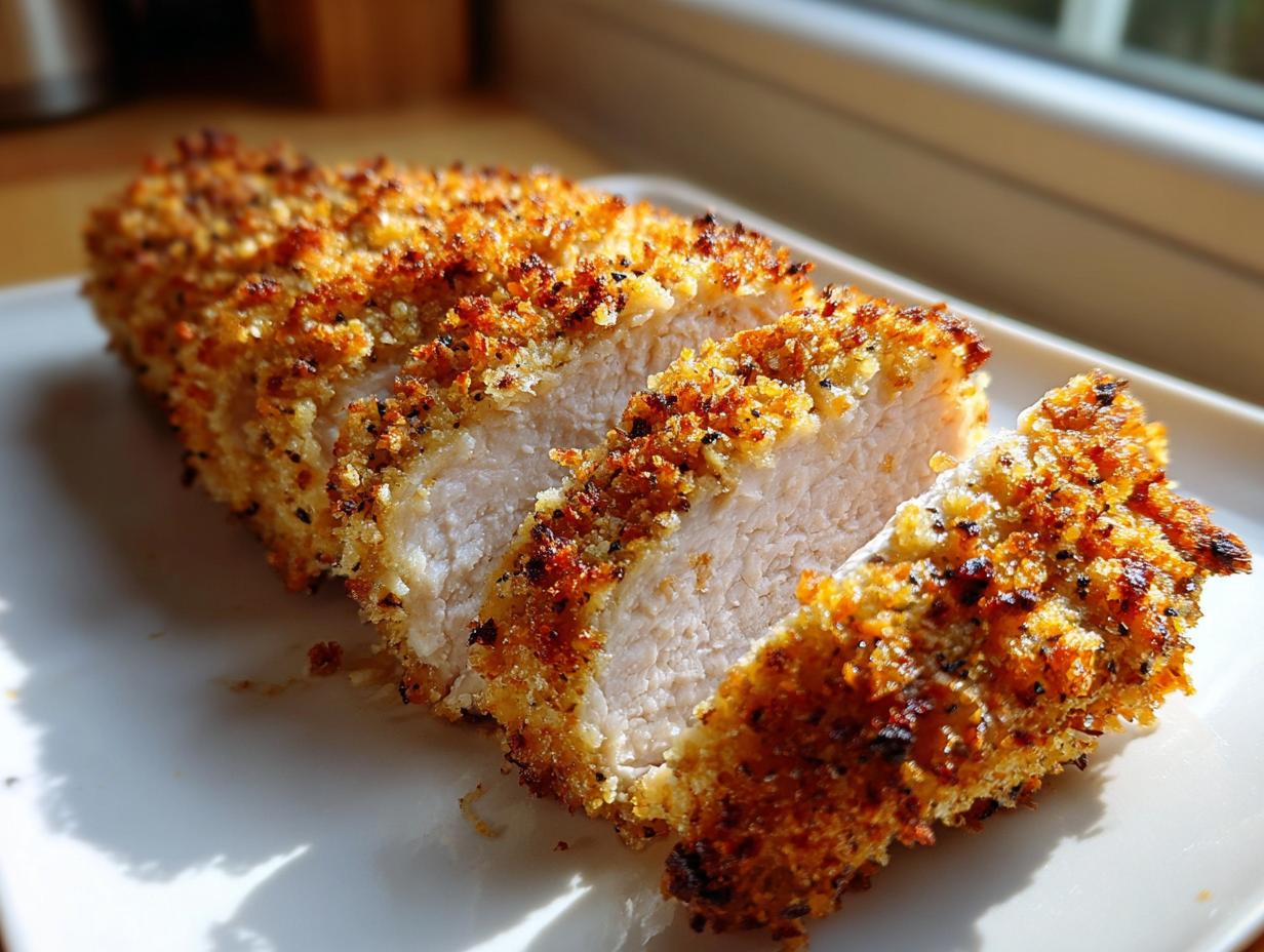 Close-up of juicy parmesan crusted chicken, sliced to show the white interior and crispy, golden-brown coating.