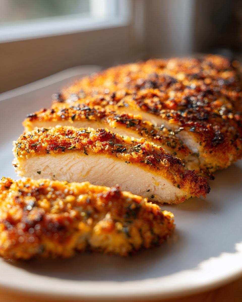 Close-up of sliced parmesan crusted chicken showing a golden, herb-flecked crust and juicy white interior.
