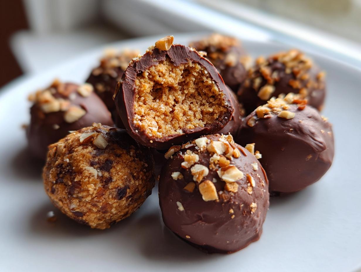 Close-up of chocolate-dipped pecan pie balls, one cut open showing the textured filling, topped with chopped nuts.