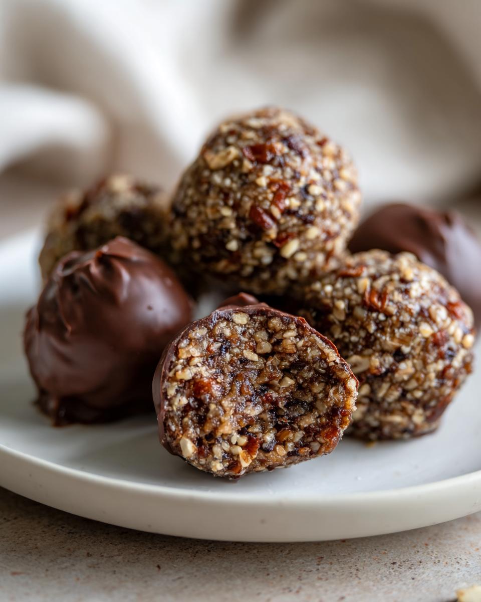 A close-up of several pecan pie balls on a white plate, one cut in half revealing the textured interior.