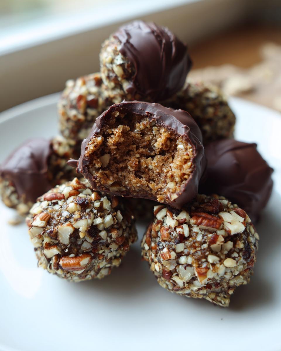 A stack of homemade pecan pie balls, some rolled in chopped pecans and others dipped in dark chocolate.