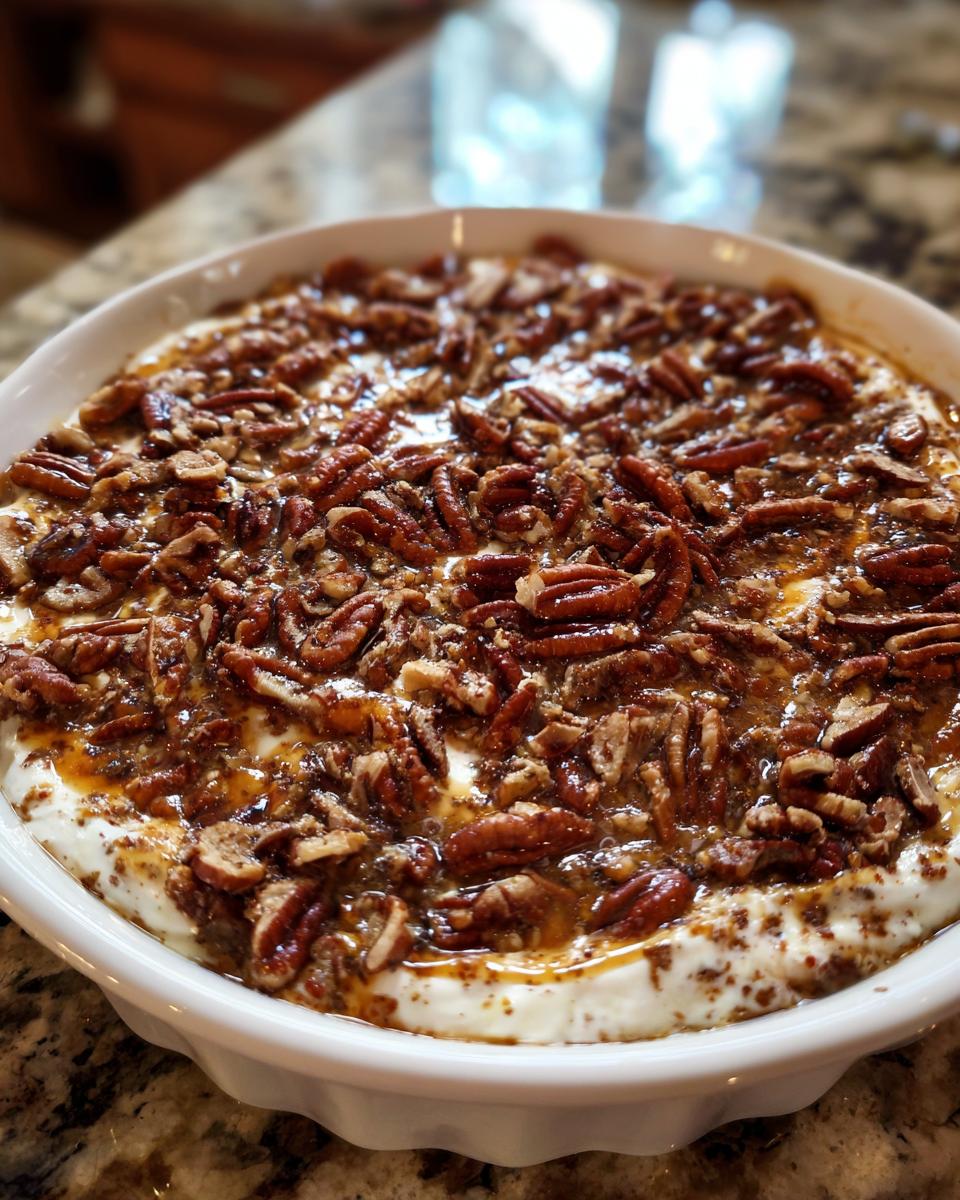 A close-up of a creamy pecan pie dip topped generously with glazed pecans in a white ruffled dish.