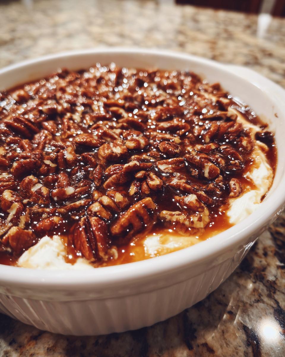 Close-up of a warm pecan pie dip topped with glazed pecans in a white round baking dish.