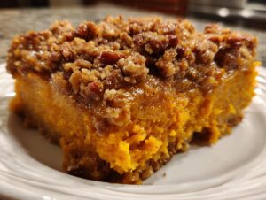 A close-up, mouth-watering slice of sweet potato casserole featuring a thick, gooey orange filling and a crunchy pecan crumble topping.