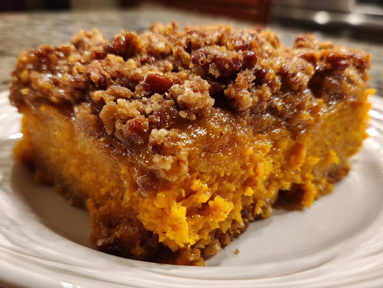 A close-up, mouth-watering slice of sweet potato casserole featuring a thick, gooey orange filling and a crunchy pecan crumble topping.
