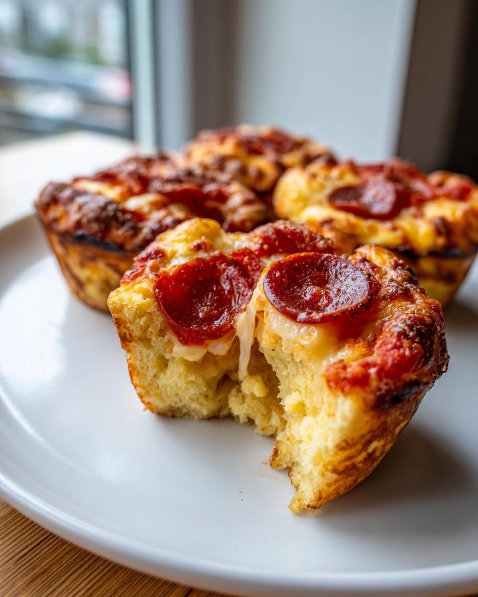A close-up of several freshly baked pepperoni pizza muffins, one with a bite taken out showing the soft interior.