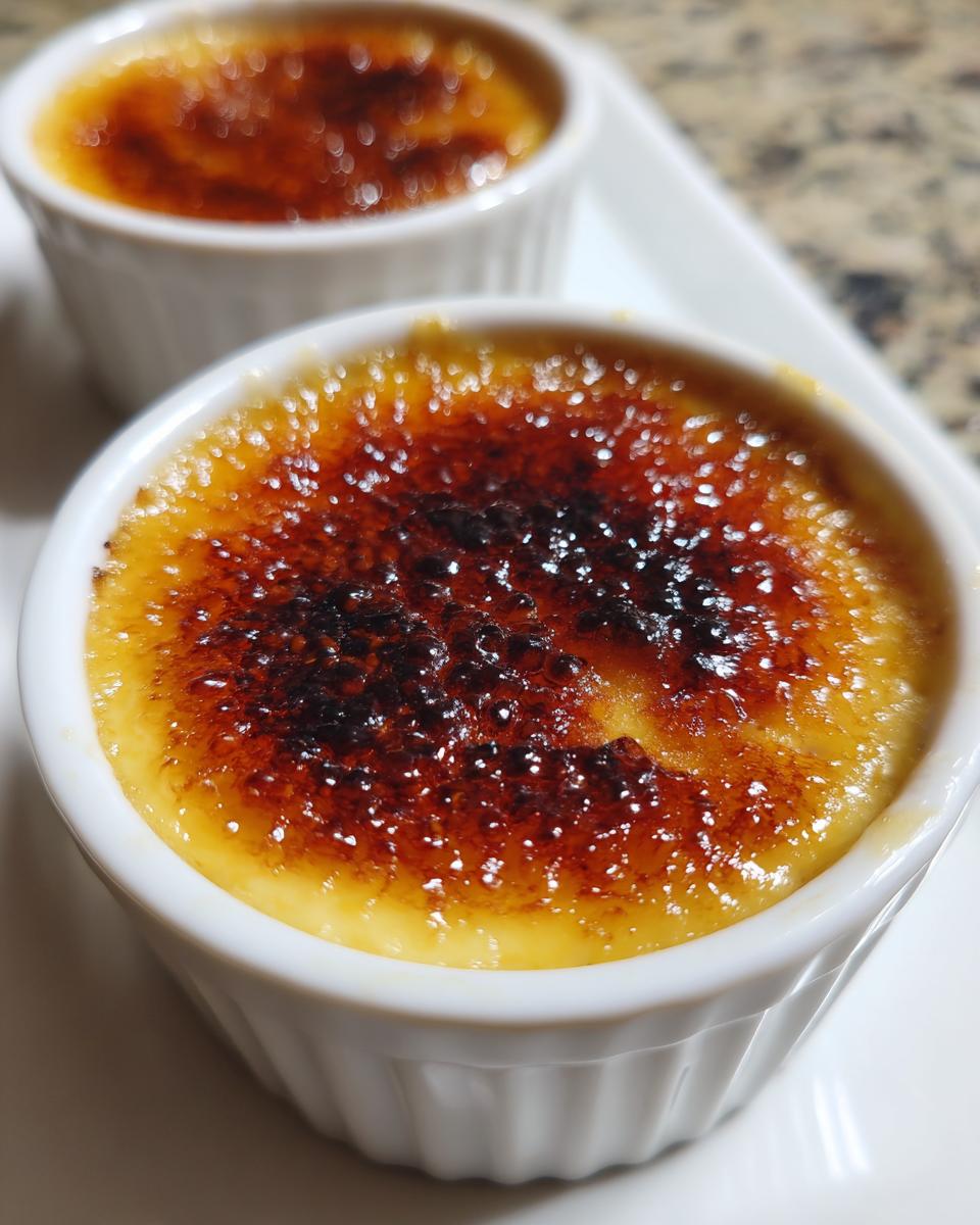 Close-up of a classic creme brulee with a perfectly caramelized, crackling sugar top in a white ramekin.