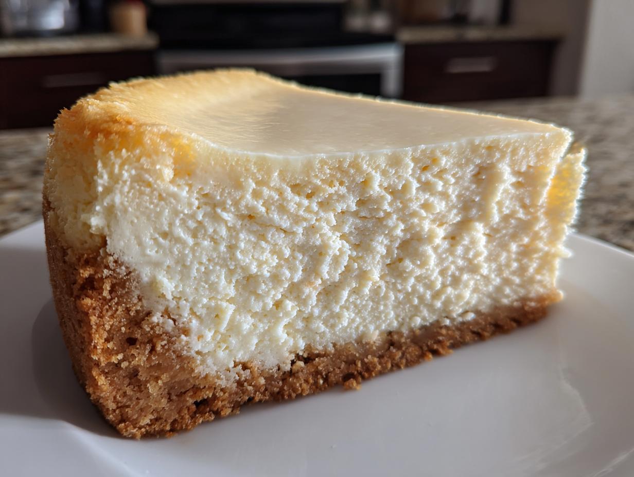 A thick, perfect slice of classic cheesecake showing a dense, creamy filling and graham cracker crust from our cheesecake recipe.