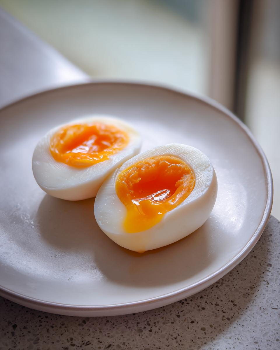 Two halves of perfectly cooked poached eggs showing bright orange, runny yolks on a light plate.