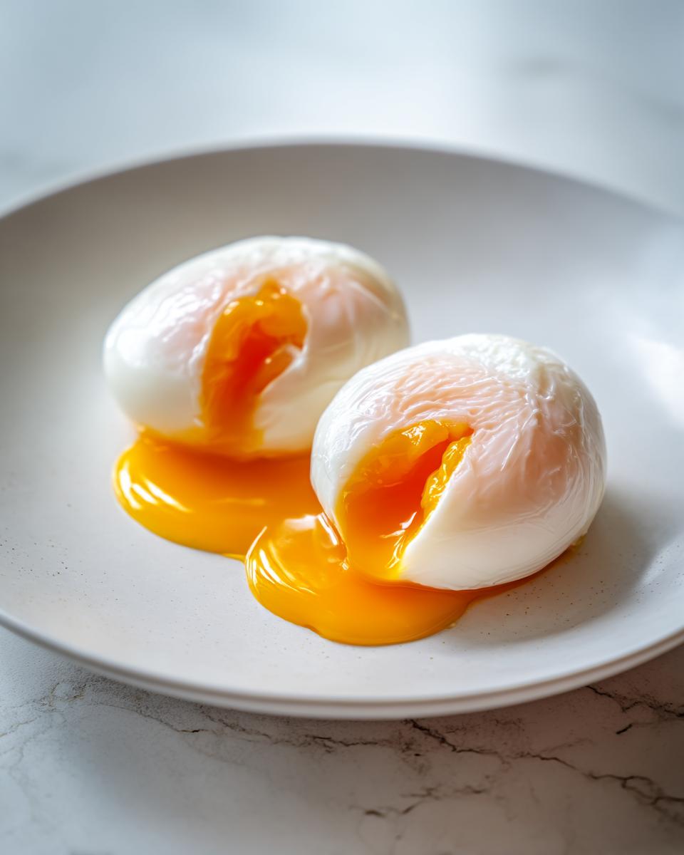 Two perfectly cooked poached eggs on a white plate, showing bright orange yolks oozing out.