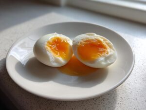 Two halves of perfectly poached eggs showing bright, runny yolks on a white plate.