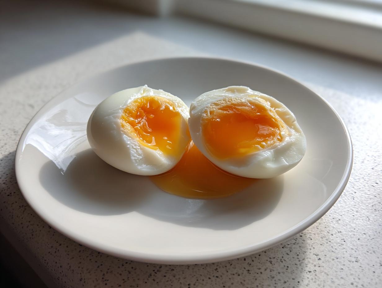 Two halves of perfectly poached eggs showing bright, runny yolks on a white plate.