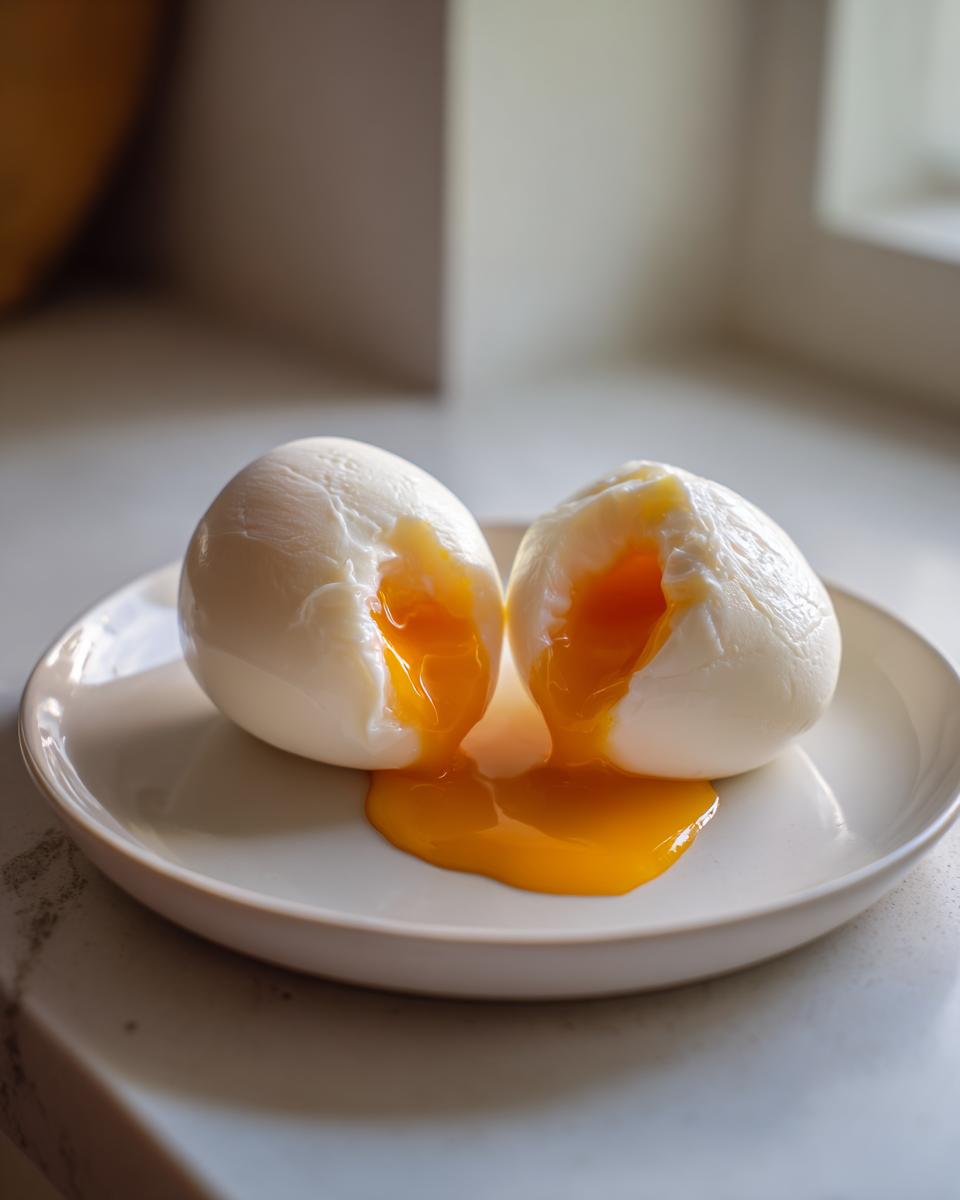 Two perfectly poached eggs cut open on a white plate, showing bright orange, runny yolks spilling out.