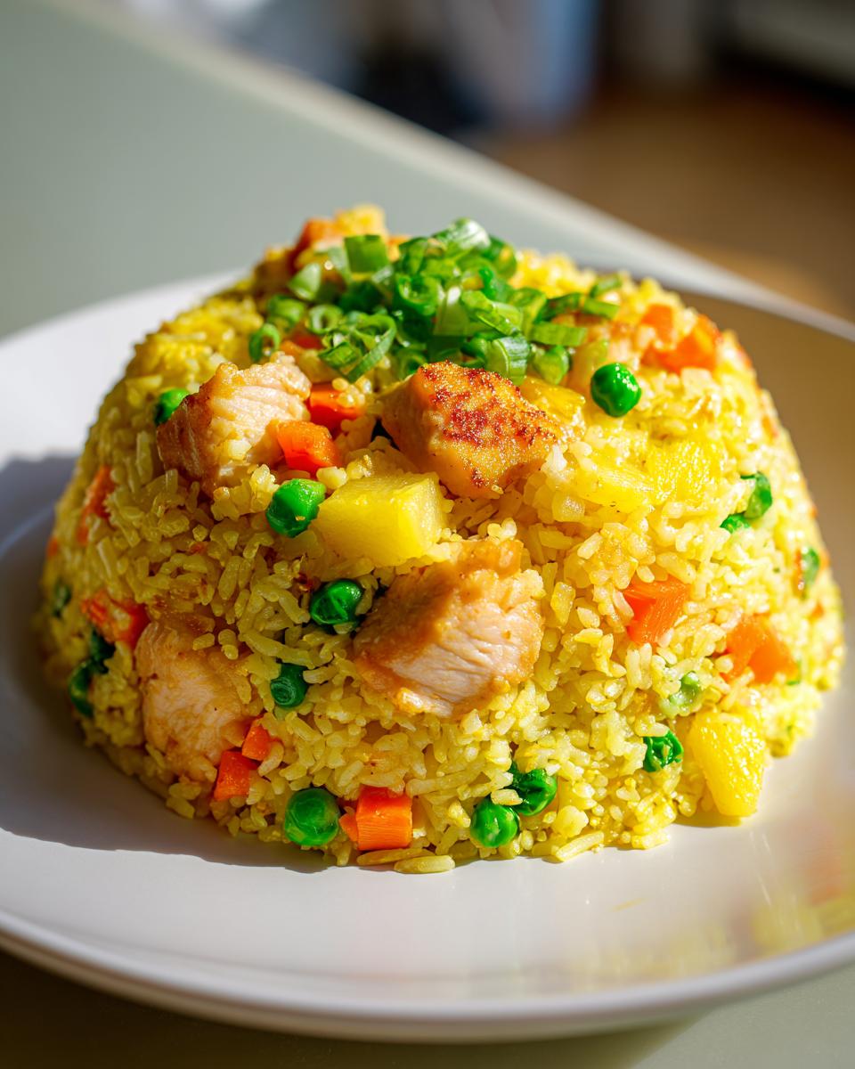 A mound of vibrant yellow pineapple fried rice mixed with chicken, peas, carrots, and topped with green onions.
