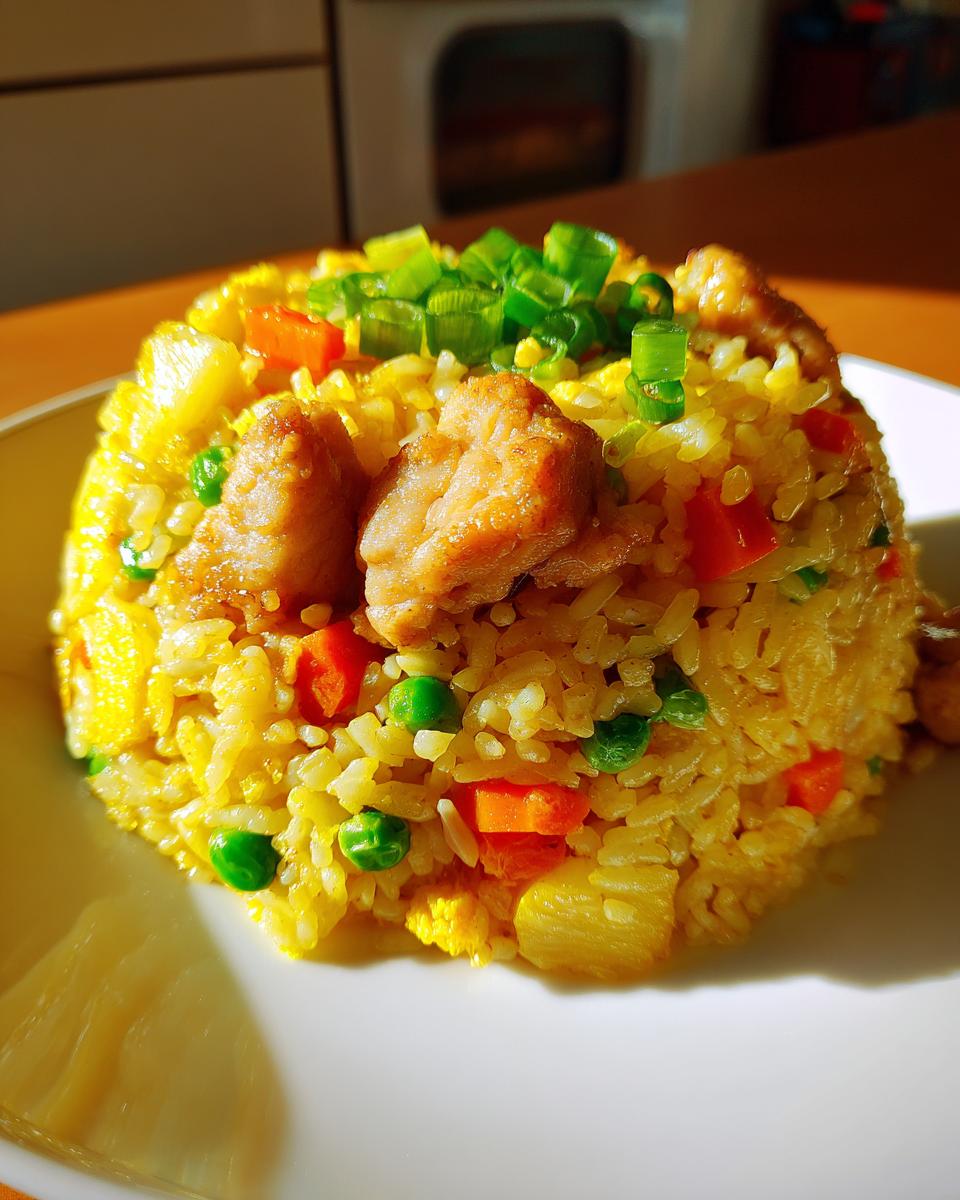 A mound of vibrant yellow pineapple fried rice featuring visible chunks of chicken, carrots, peas, and topped with green onions.