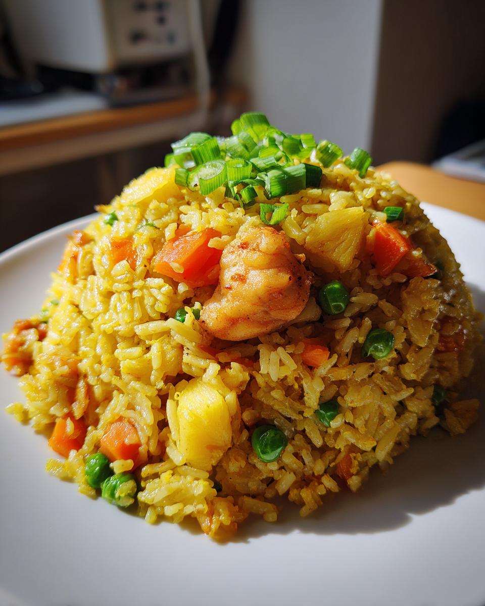 Close-up of a mound of yellow Pineapple Fried Rice featuring shrimp, carrots, peas, and pineapple chunks, topped with green onions.