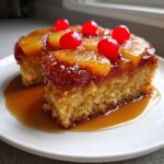 Close-up of a moist slice of pineapple upside down cake topped with caramelized pineapple and maraschino cherries.