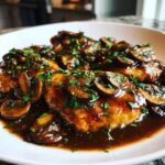 Close-up of pan-seared Chicken Marsala breasts covered in a dark, rich mushroom sauce and fresh parsley.