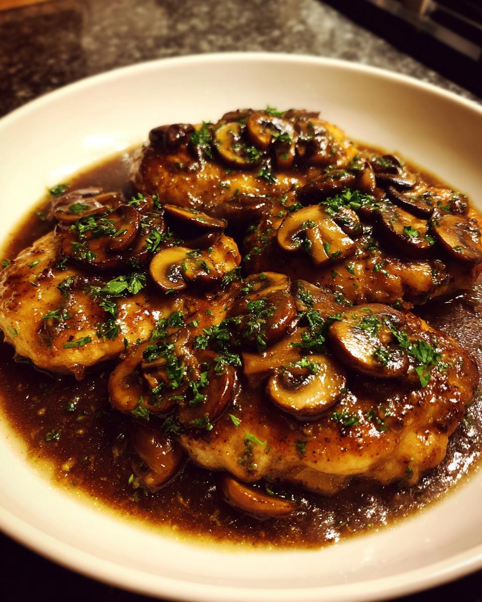 Three servings of golden Chicken Marsala topped with sautéed mushrooms and fresh parsley in a rich brown sauce.