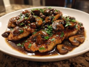 Close-up of pan-seared Chicken Marsala topped with a dark, savory mushroom sauce and fresh parsley.
