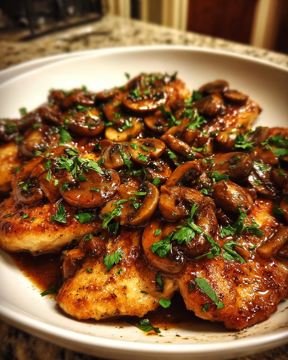 Close-up of pan-seared Chicken Marsala breasts covered in a rich mushroom sauce and fresh parsley.