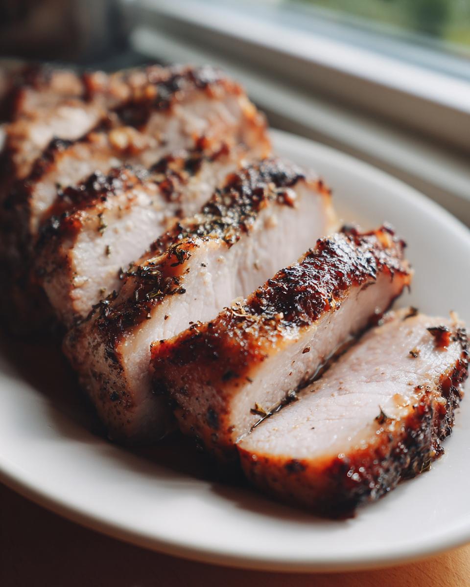 Close-up of thick slices of perfectly cooked pork loin roast with a dark, seasoned crust.