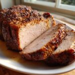 Close-up of a juicy pork loin roast, sliced to show the tender interior and seasoned crust.