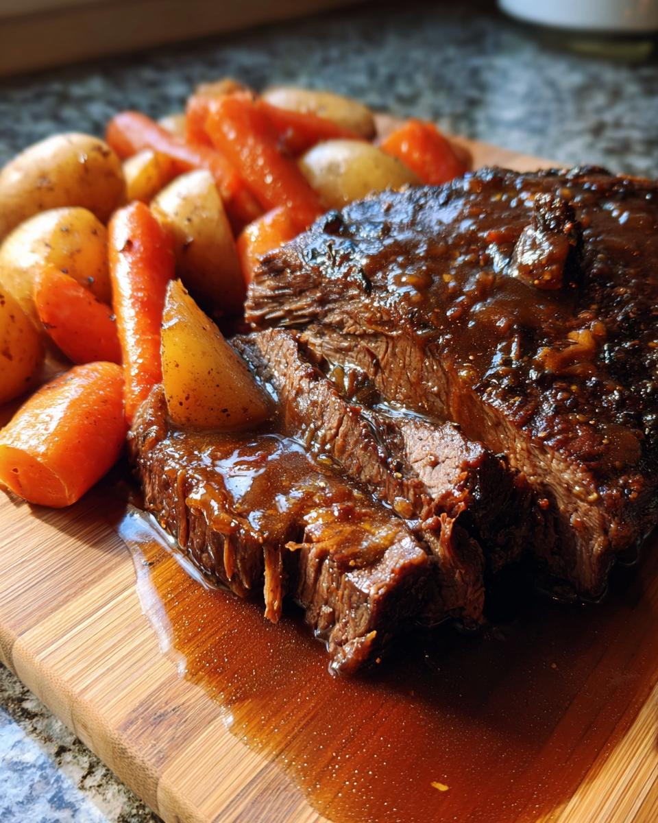 Thick slices of pot roast covered in rich gravy, served with roasted carrots and potatoes, perfect for Sunday dinner ideas.