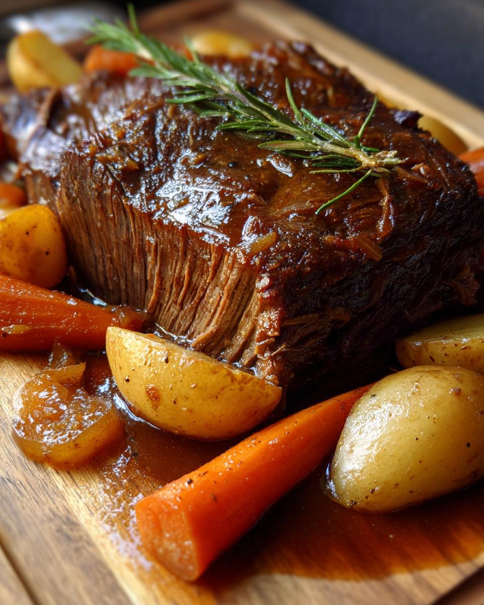 A glossy, slow-cooked pot roast surrounded by roasted carrots and potatoes, perfect for Sunday dinner ideas.