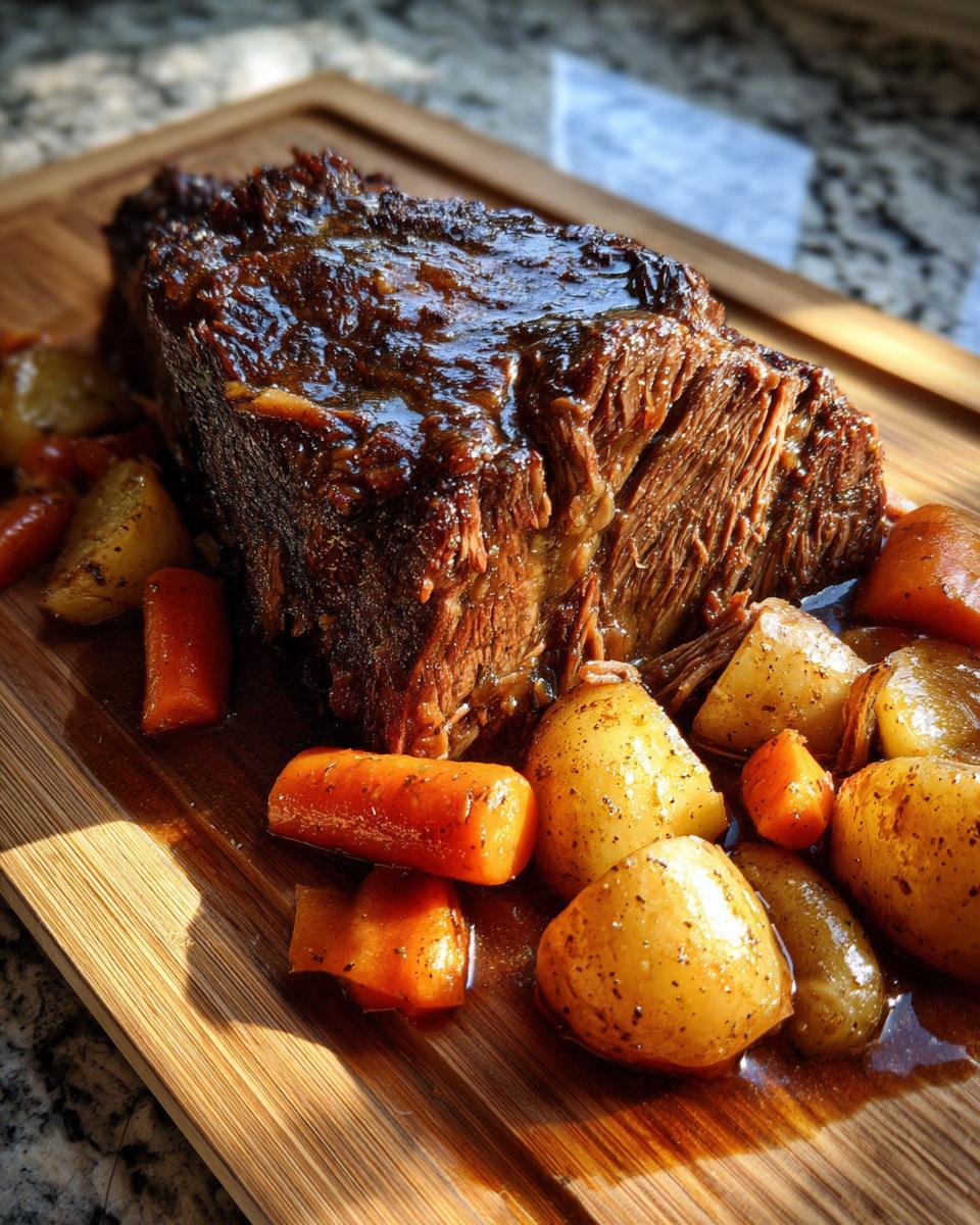 A glossy, slow-cooked pot roast served with roasted potatoes and carrots, perfect for Sunday dinner ideas.