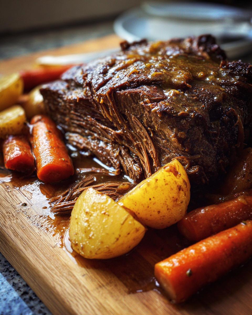 A juicy, shredded pot roast surrounded by glazed carrots and potatoes, perfect for Sunday dinner ideas.