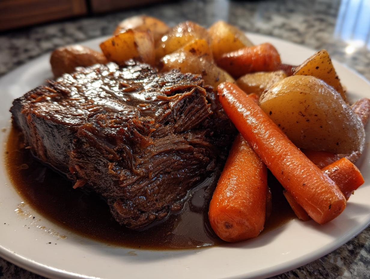 A serving of tender pot roast with gravy, carrots, and potatoes, perfect for Sunday dinner ideas.