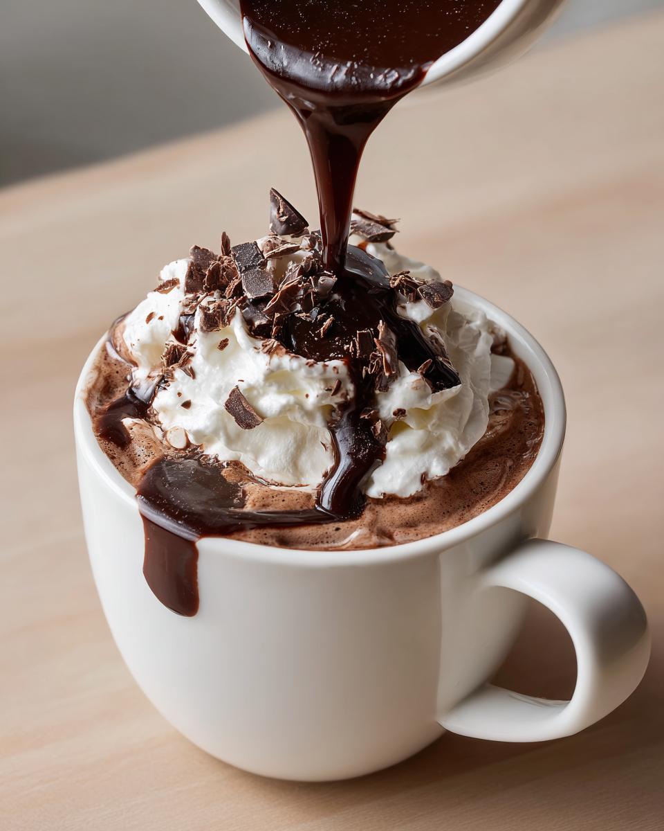 Close-up of rich chocolate sauce being poured over whipped cream topping on a mug of boozy hot chocolate.