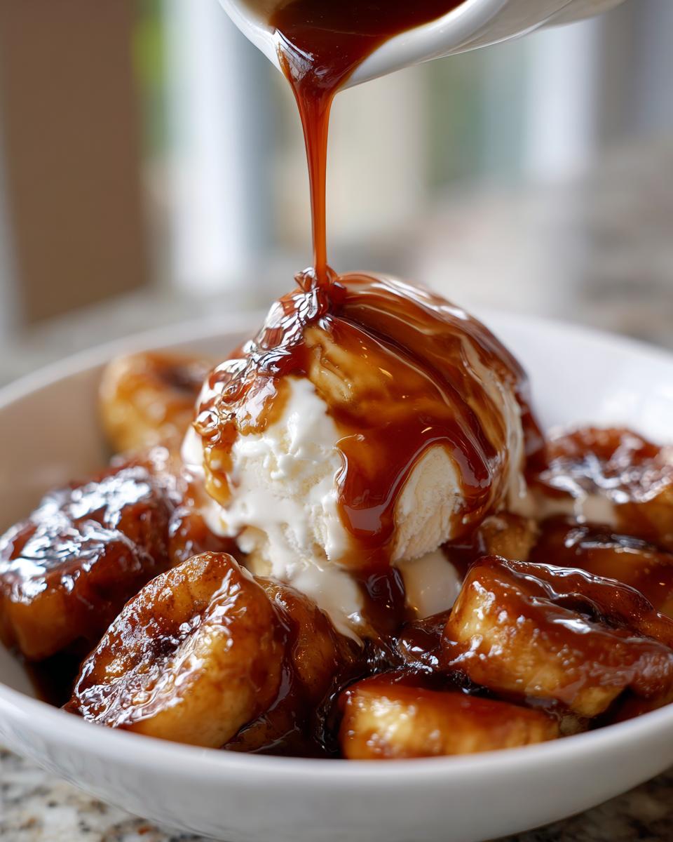 Close-up of warm caramel sauce being poured over vanilla ice cream and caramelized bananas in a bowl of bananas foster.