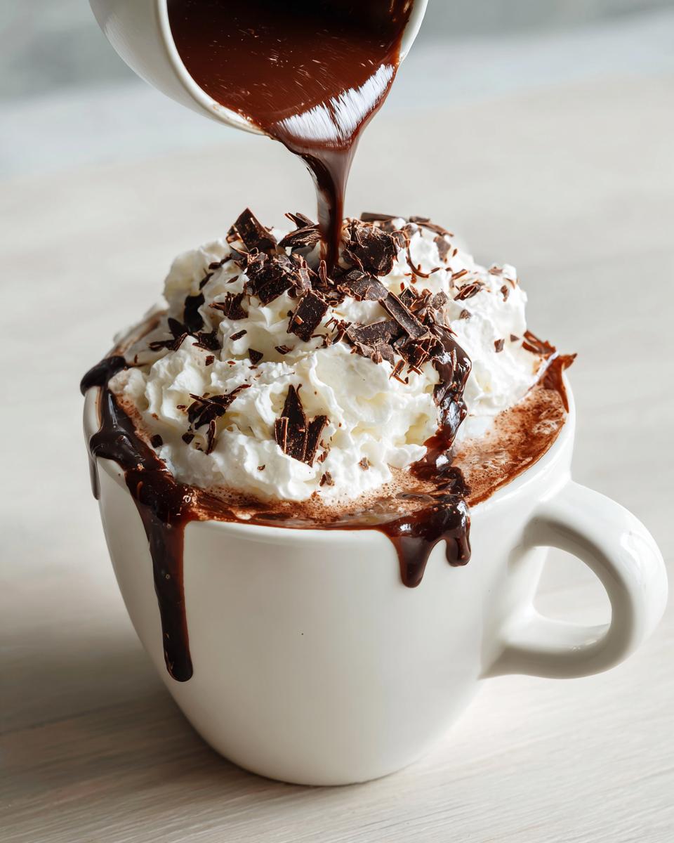 A rich stream of chocolate sauce is poured over whipped cream and chocolate shavings on a mug of boozy hot chocolate.