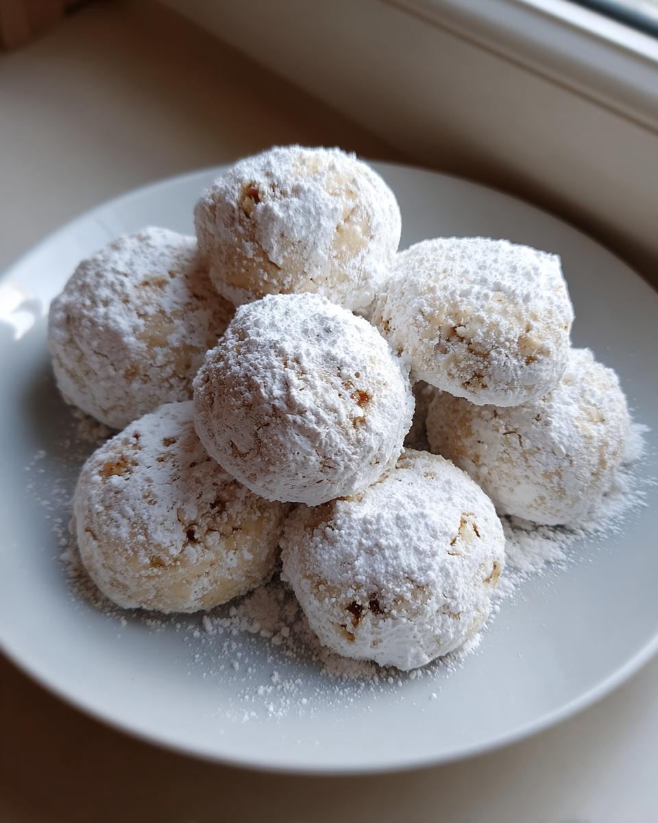 A stack of freshly baked, round russian tea cakes heavily dusted with powdered sugar on a white plate.