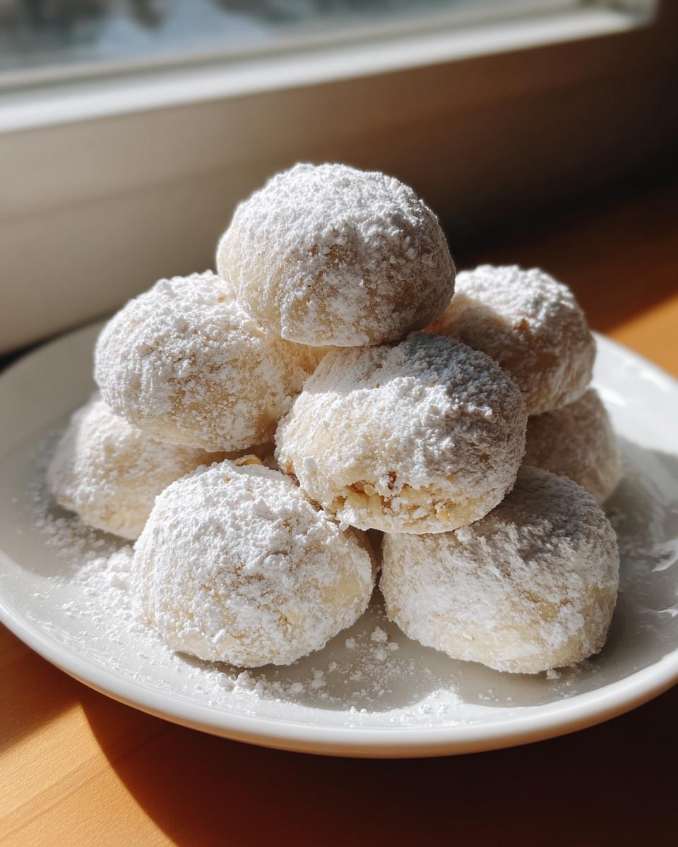 A close-up stack of freshly baked russian tea cakes heavily dusted with powdered sugar on a white plate.