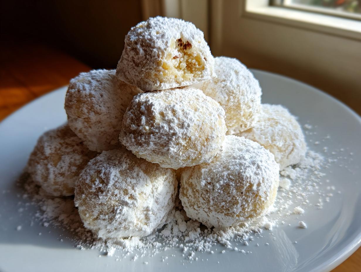 A mound of freshly baked russian tea cakes heavily dusted with powdered sugar, piled on a white plate.