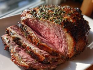 Close-up of a perfectly cooked prime rib recipe roast, showing a deep pink medium-rare center and a dark, herb-crusted exterior.