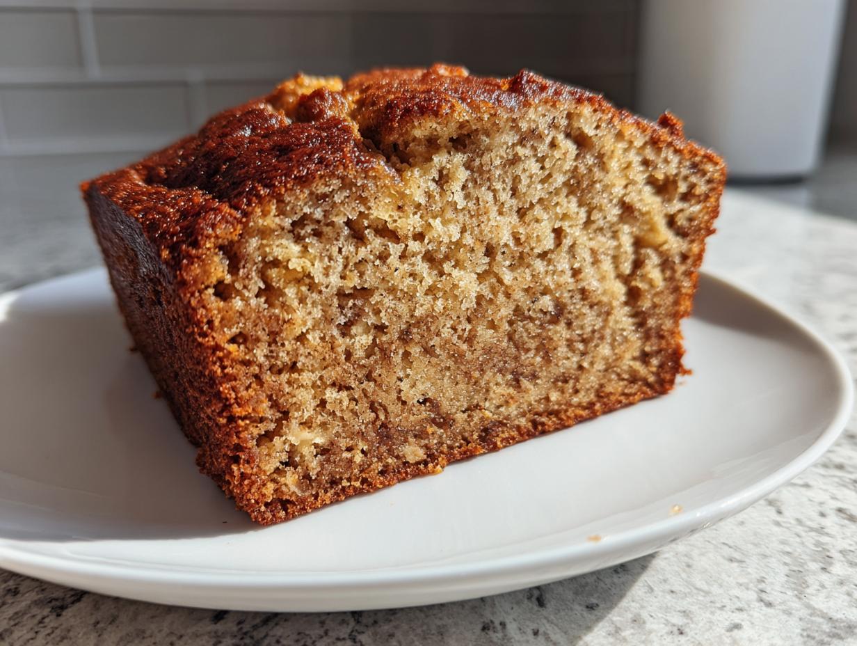 Close-up of a thick slice of moist Protein banana bread showing its textured interior and dark, caramelized crust.