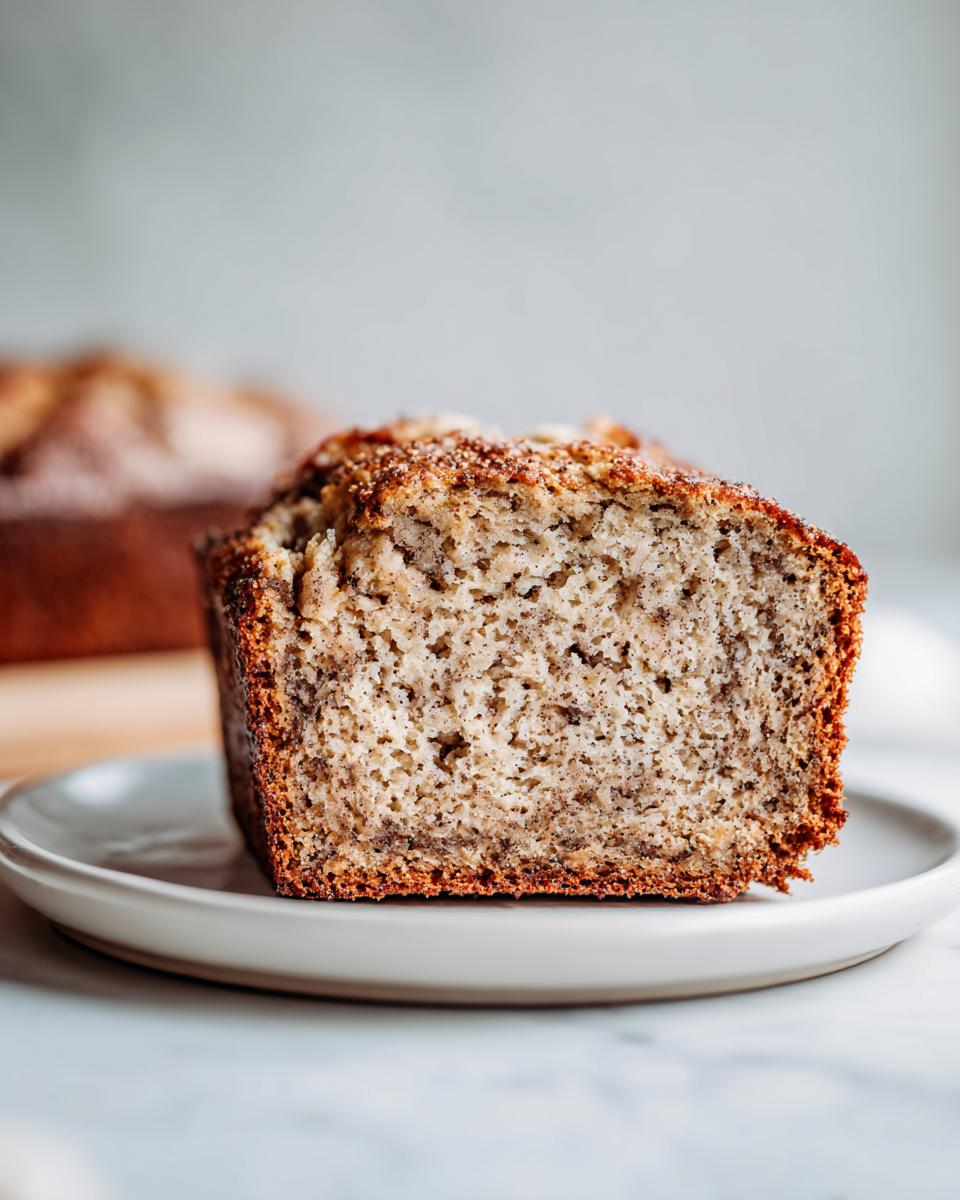 Close-up of a thick slice of moist Protein banana bread showing the speckled interior and cinnamon sugar crust.
