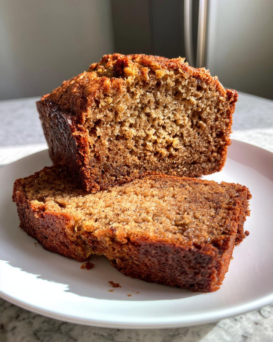Close-up of two thick slices of moist Protein banana bread with a dark, caramelized crust, served on a white plate.