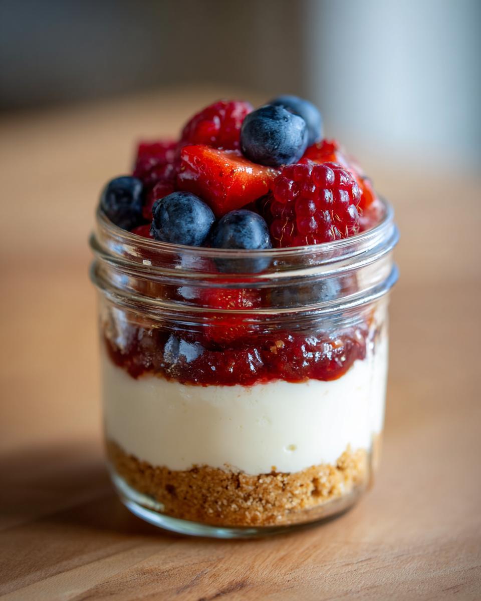 Close-up of a single serving Protein Cheesecake layered in a small glass jar with a graham cracker crust, cream layer, berry jam, and fresh berries.